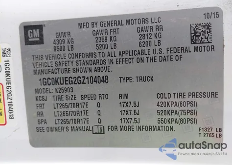 2016 Chevrolet Silverado 2500Hd Wt z USA, uszkodzony, nr VIN 1GC0KUEG2GZ104048